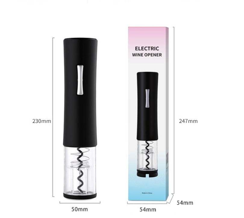 Abrebotellas eléctrico Nova Home de color negro con base transparente y medidas técnicas detalladas en el empaque.