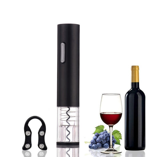 Abrebotellas eléctrico negro Nova Home con cortador de papel de aluminio, junto a una copa de vino y una botella.