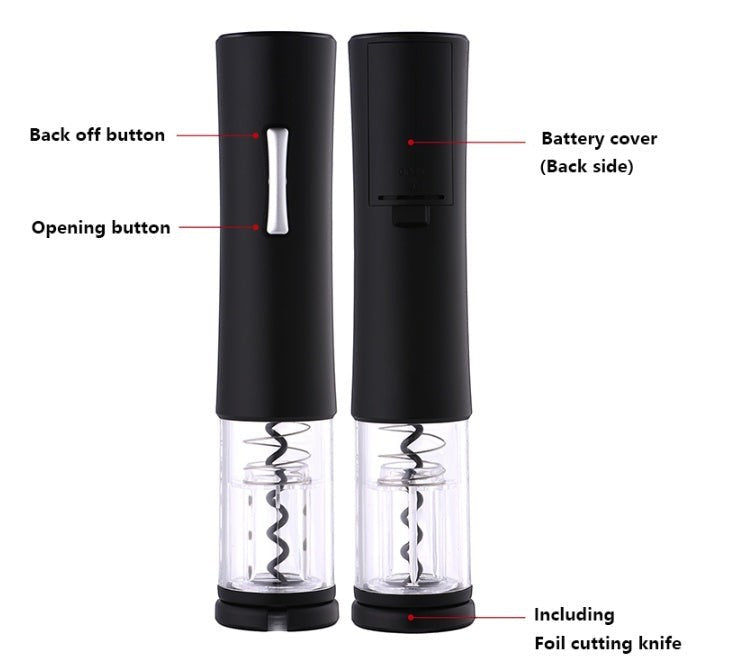 Abrebotellas eléctrico Nova Home de color negro con diseño ergonómico, base transparente y sacacorchos de acero