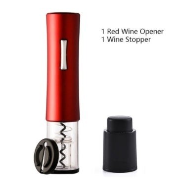 Abrebotellas eléctrico Nova Home rojo con sacacorchos de aleación y tapón de vino negro sobre fondo blanco