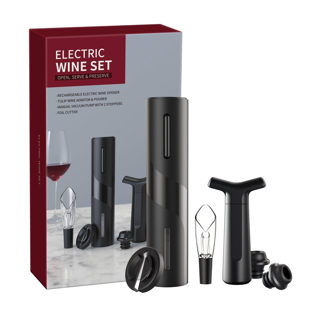 Set de abridor de vino eléctrico Nova Home en color negro con cortacápsulas, aireador y tapones en su caja de regalo