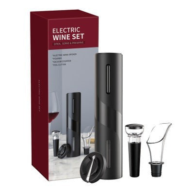 Set de abridor de vino eléctrico Nova Home en color negro con cortacápsulas, tapón y vertedor en caja de regalo