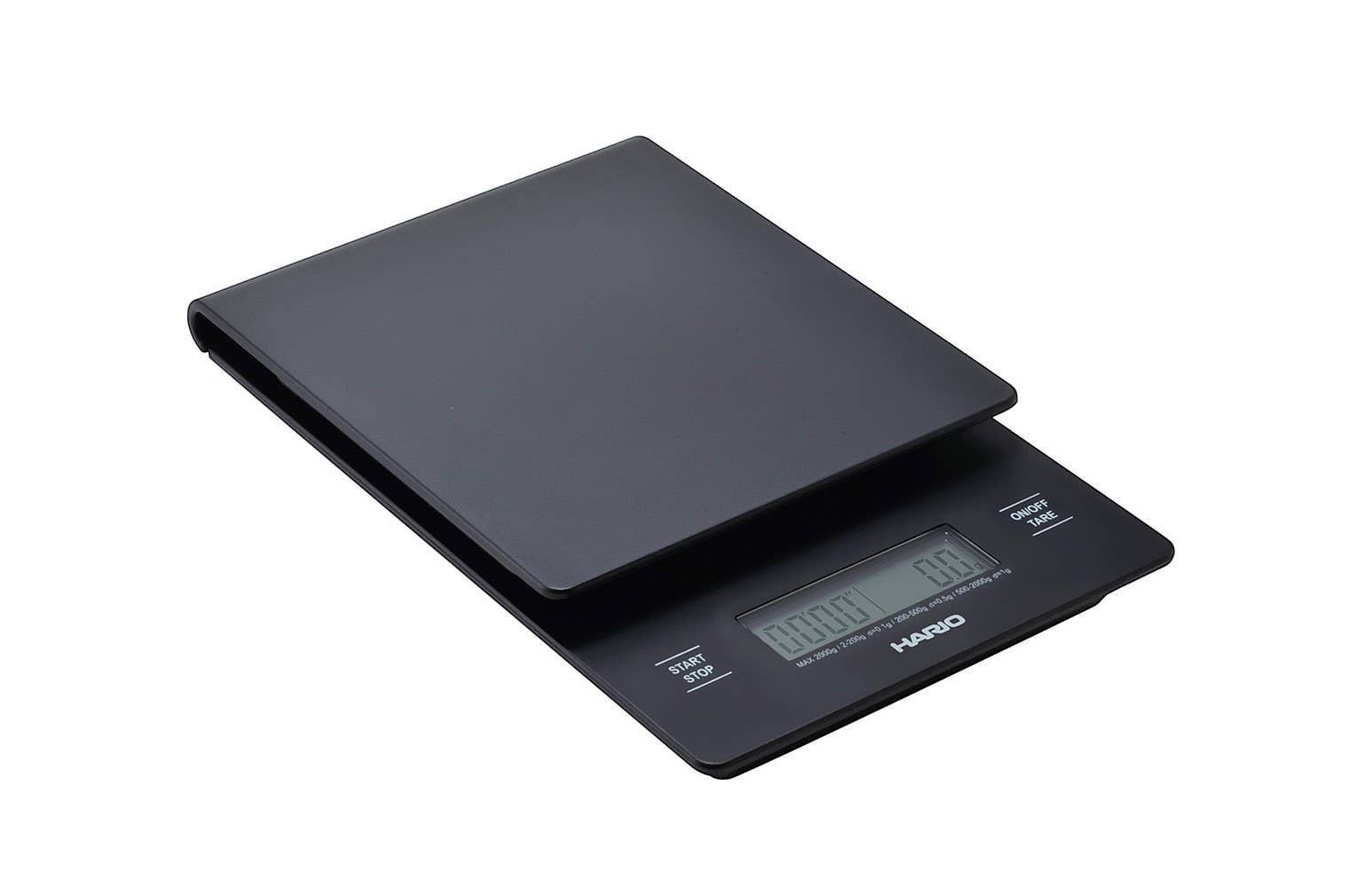 Báscula digital negra Hario V60 de Nova Home con temporizador integrado para precisión en la preparación de café