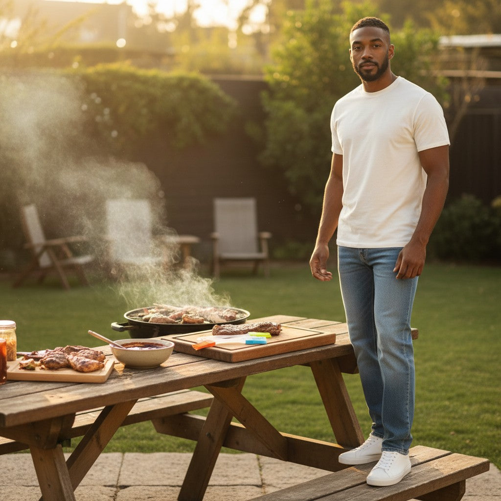 Hombre usando brochas de silicona Nova Home para barbacoa en un jardín al atardecer