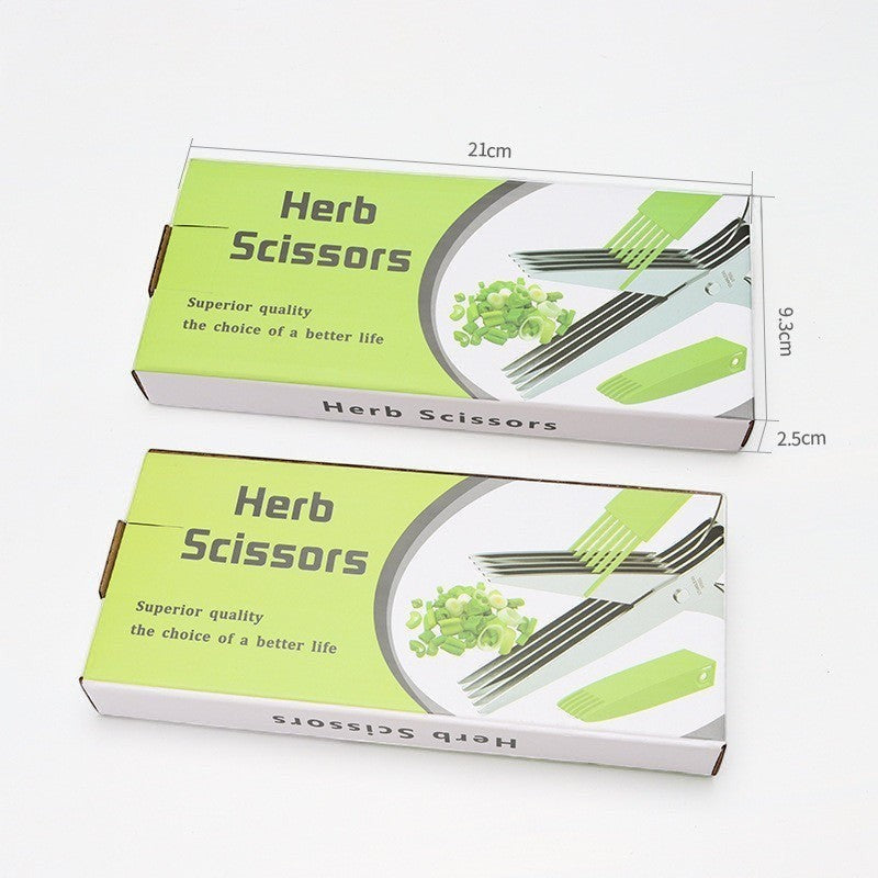 Cajas de embalaje de tijeras para hierbas de Nova Home con diseño verde y blanco que muestran las medidas del producto