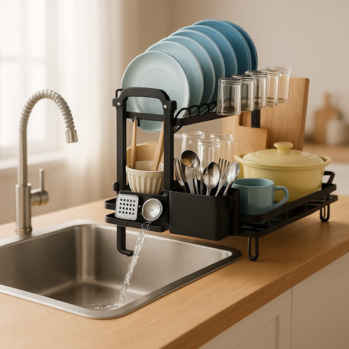 Escurridor de platos de dos niveles Nova Home de acero negro con bandeja de drenaje y soporte para utensilios