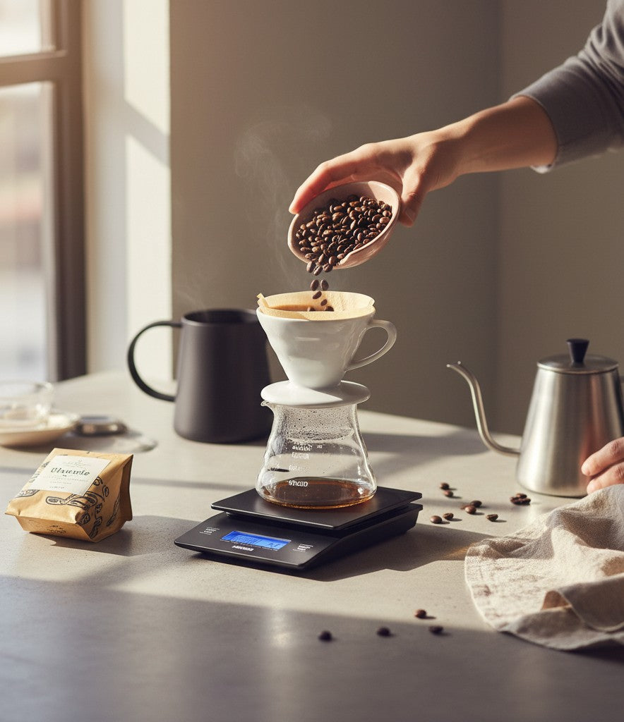 Báscula digital Hario V60 de Nova Home para café, con temporizador integrado y diseño compacto en color negro.
