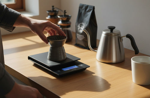 Báscula de café Nova Home Hario V60 negra con temporizador integrado sobre mesa de madera mientras se prepara café