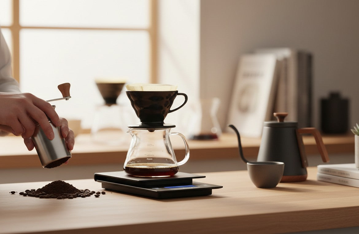 Báscula de café Nova Home Hario V60 negra con temporizador integrado sobre una mesa de madera durante la preparación