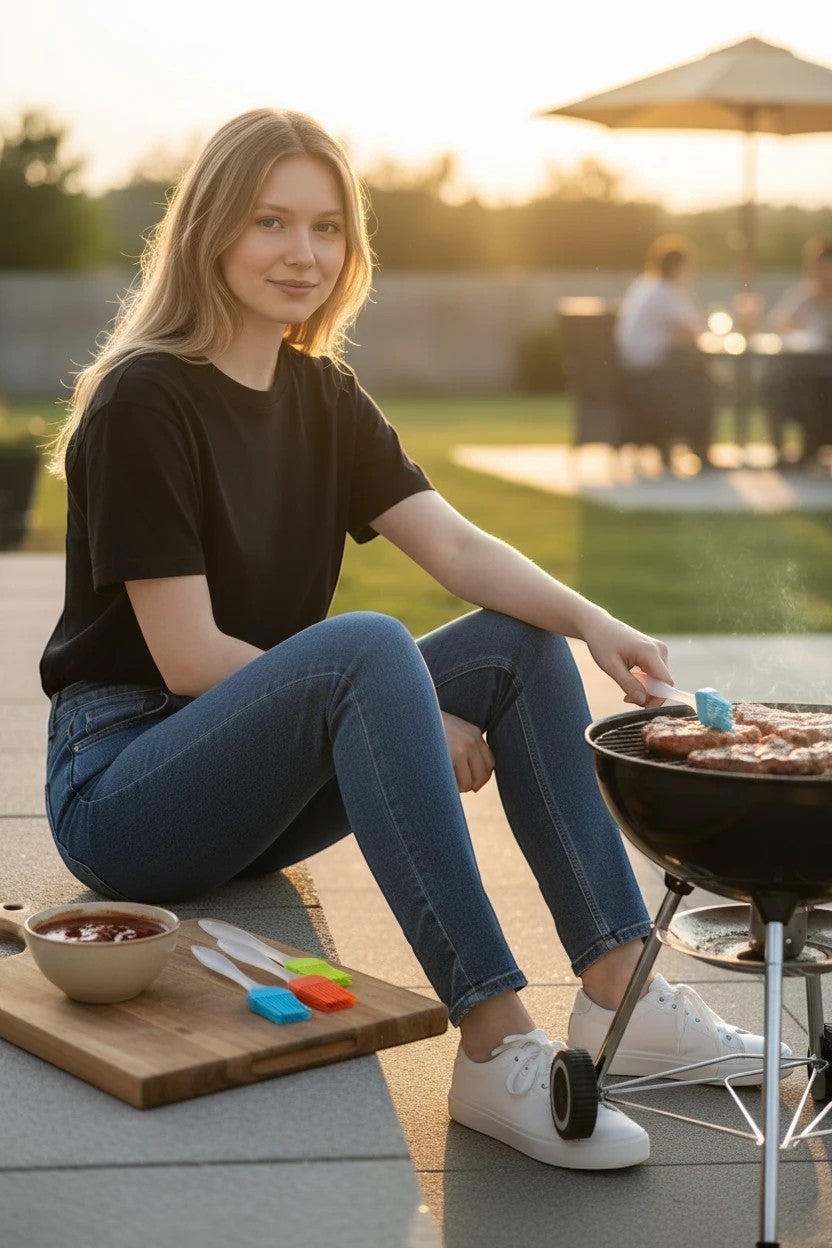 Mujer joven usando un pincel de silicona Nova Home para barnizar carne en una barbacoa al aire libre al atardecer