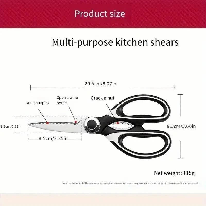 Tijeras de cocina Nova Home de acero inoxidable con medidas detalladas, abridor de botellas y cascanueces integrado.