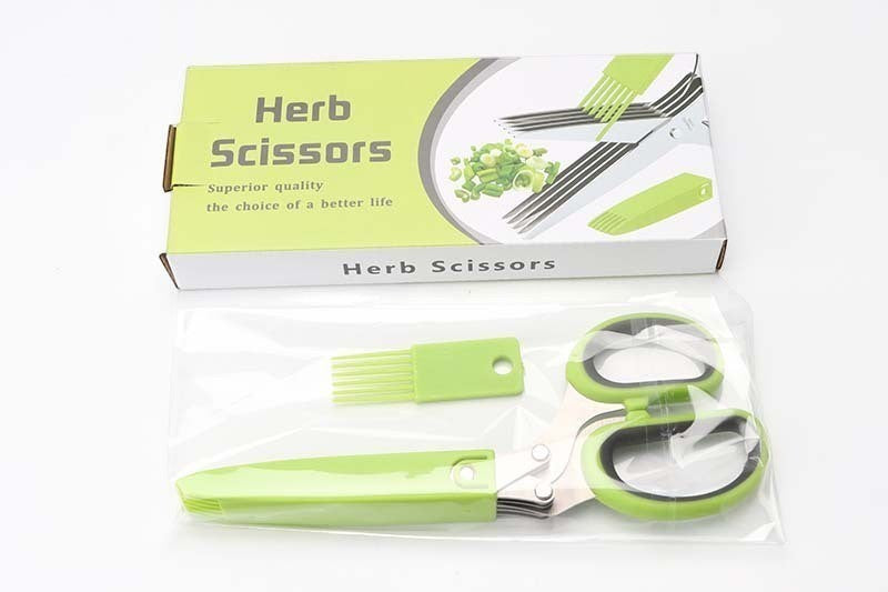 Tijeras para hierbas Nova Home de 5 hojas de acero inoxidable con mango verde y peine de limpieza en su caja original