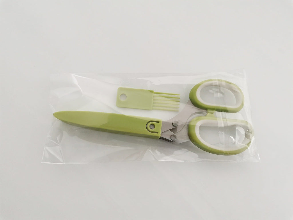 Tijeras para hierbas Nova Home de 5 hojas de acero inoxidable con mangos verdes en su empaque protector original