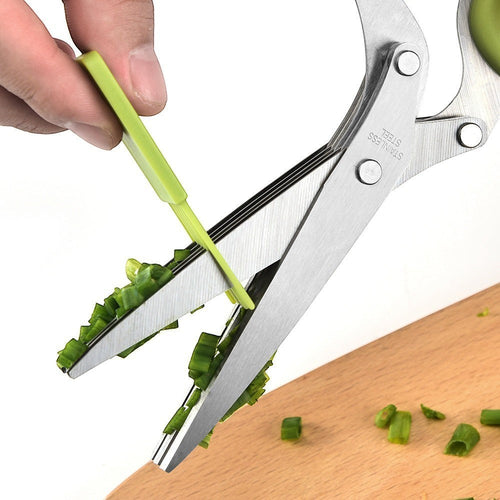 Tijeras para hierbas Nova Home de 5 hojas de acero inoxidable cortando cebollino con un peine de limpieza verde
