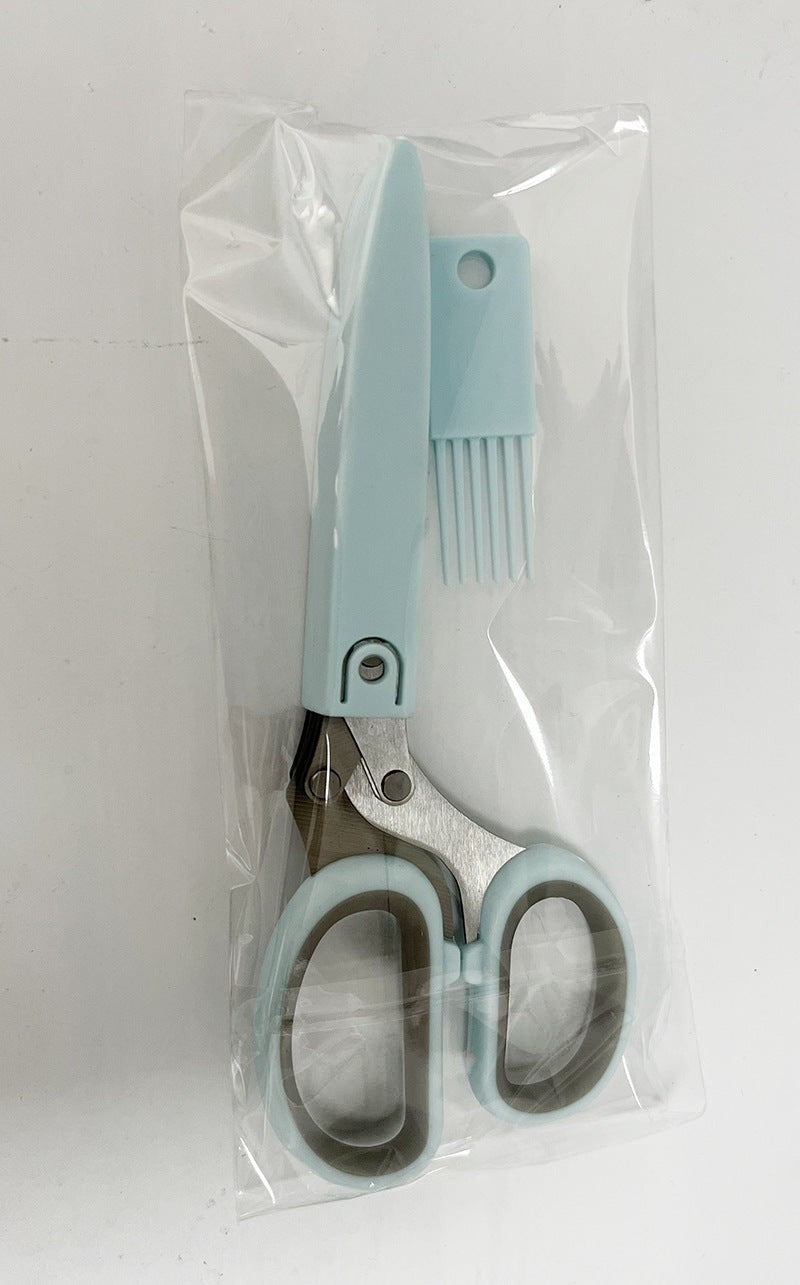 Tijeras para hierbas Nova Home de 5 hojas de acero inoxidable en color azul claro con peine de limpieza incluido