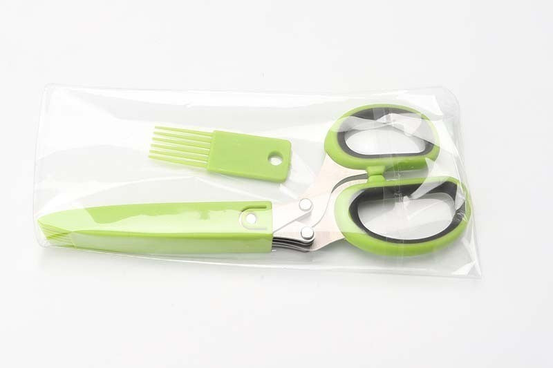 Tijeras para hierbas Nova Home de 5 hojas de acero inoxidable con mango verde y peine de limpieza en empaque plástico