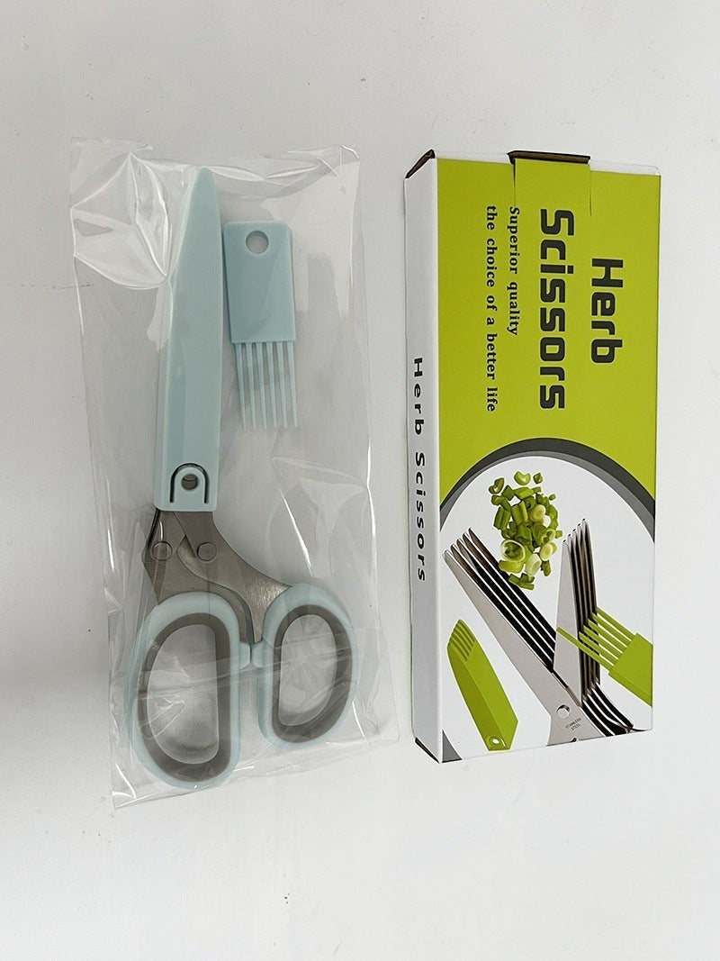 Tijeras para hierbas Nova Home de 5 hojas de acero inoxidable con mango azul claro y peine de limpieza en su caja