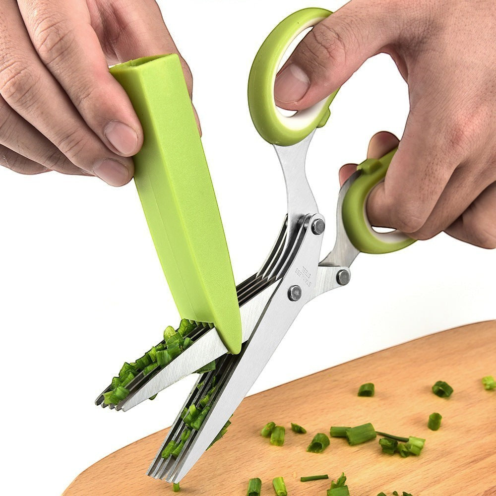 Tijeras para hierbas Nova Home de 5 hojas de acero inoxidable con mango verde y limpiador para cortar cebollino